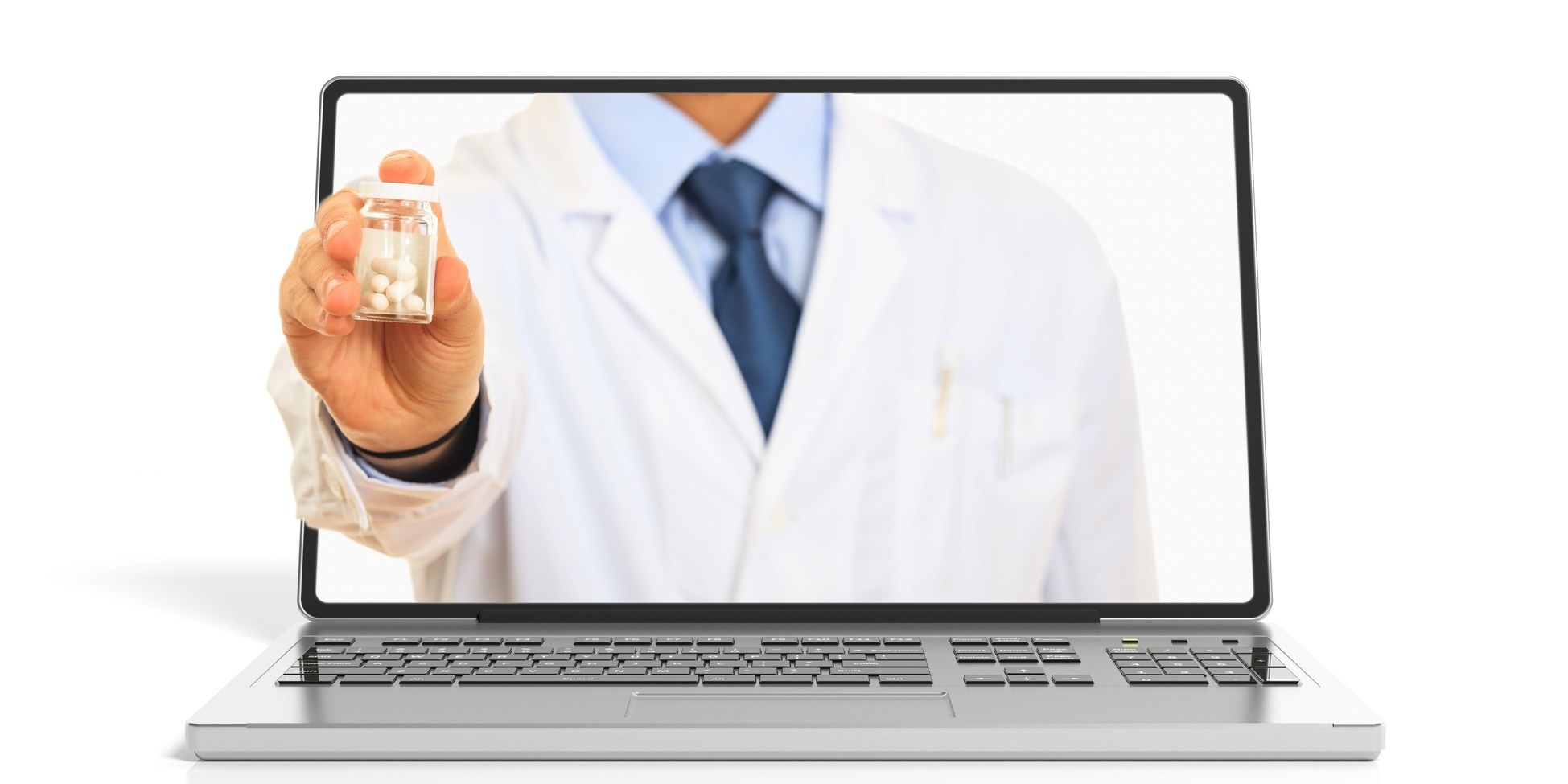 Man offering pills through a laptop screen. 3d illustration